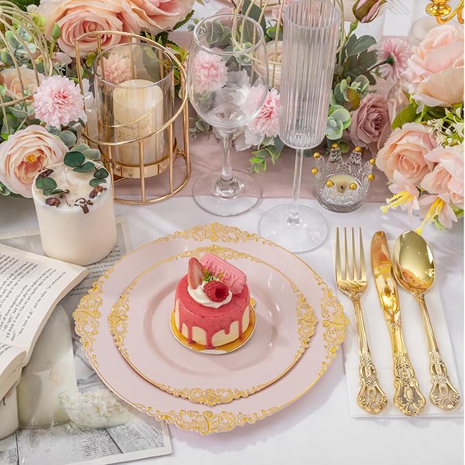 200PCS Pink and Gold Plates - Pink Plastic Plates - Fancy Disposable Plate with Gold Rim - Vintage Wedding Dinner & Dessert Plate for 100 Guests for Wedding & Bridal Shower & Mother's Day