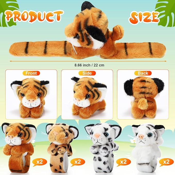 Lenwen 8 Pcs Stuffed Tiger Leopard Animals Slap Bracelets for Kids 8.66 Inch Back to School Plush Animal Bracelets Adopt a Tiger Cheetah Party Favors Wrist Slap Snap Band Toy for Boys Girls Birthday