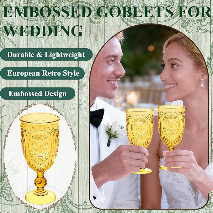 Plastic Wine Glasses 12Pcs Plastic Goblets 7.5oz Colored Retro Embossed Glassware Vintage Stemmed Drinking Cup Reusable Water Goblets for Wedding Reception Grand Event Party Bar,Whiskey (Amber)