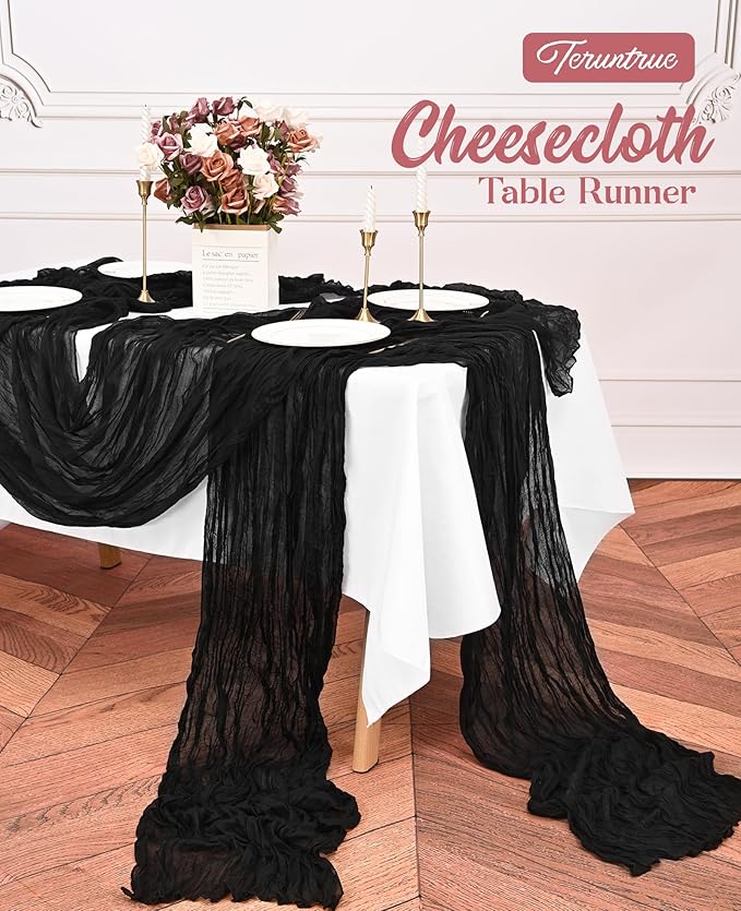 20 Pack Black Table Runner 10FT Long Cheesecloth Table Runner Cheese Cloth Gauze for Wedding Party Birthday Decoration-Black