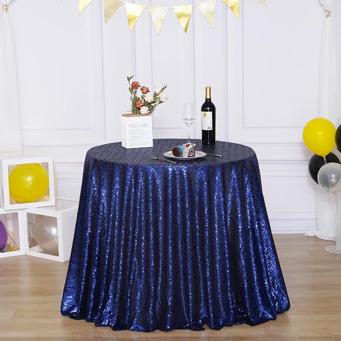 Poise3EHome 90 Inch Round Navy Blue Sequin Tablecloth for Party Cake Dessert Table Exhibition Events