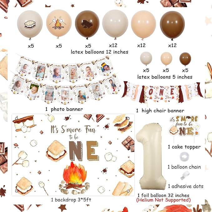 Sursurprise S’more 1st Birthday Decorations, It’s S’more Fun To Be One First Birthday Backdrop Cake Topper Photo Banner High Chair Banner Balloon Garland Arch Kit, Camping Camp Camper Party Supplies