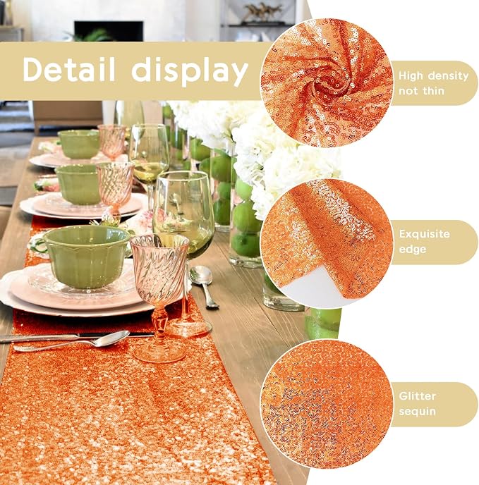 6 Packs 12 x 72 inches Sequin Table Runner, Orange Glitter Table Runner for Birthday Party Supplies Wedding Engagement Baby Shower Holiday Celebration Event Decorations