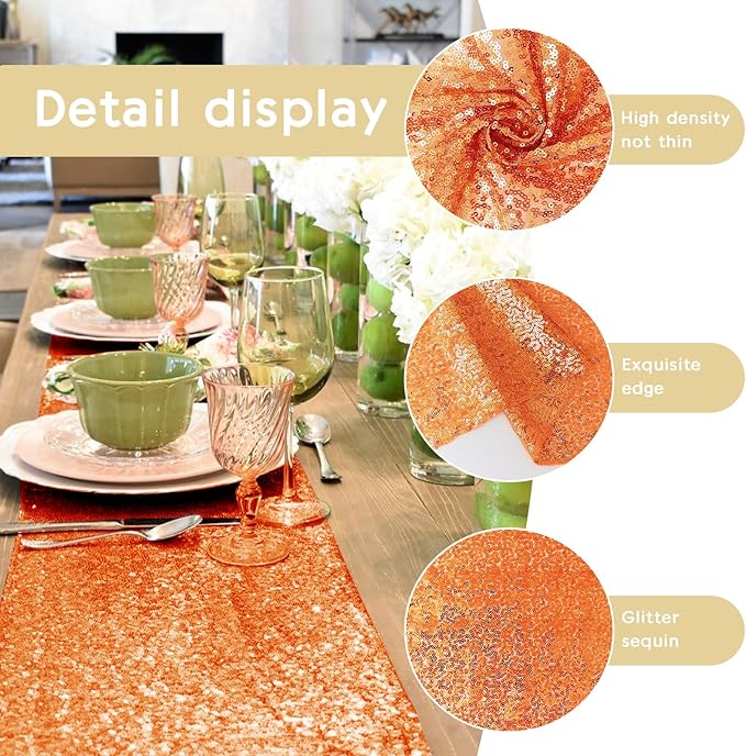 2 Packs 12 x 72 inches Sequin Table Runner, Orange Glitter Table Runner for Birthday Party Supplies Wedding Engagement Baby Shower Holiday Celebration Event Decorations