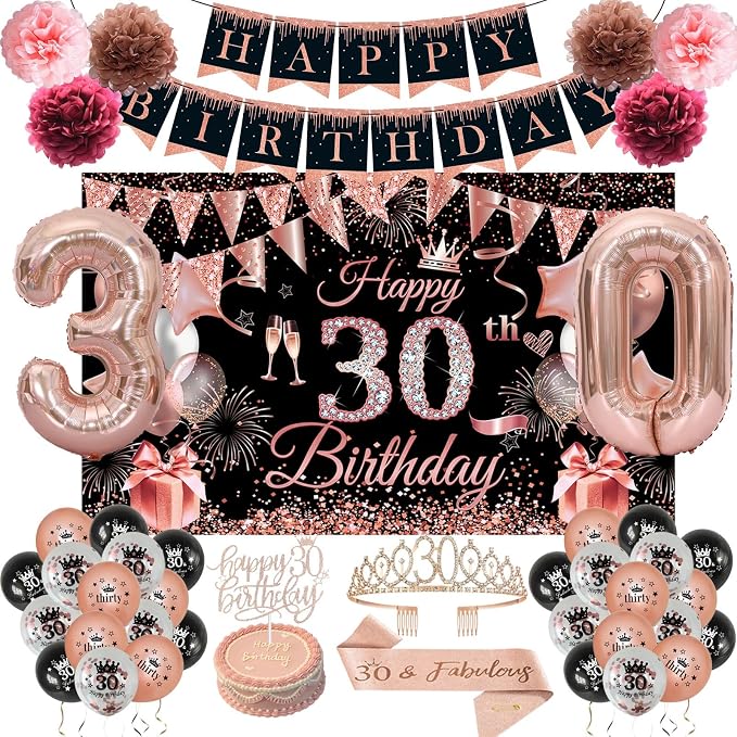 Happy 30th Birthday Decorations for Her, Black Rose Gold 30 Years Old Decor for Women Include Sash and Crown, 30pcs Balloons Banner 40" Number Balloons, Backdrop Cake Topper & Paper Pom Poms