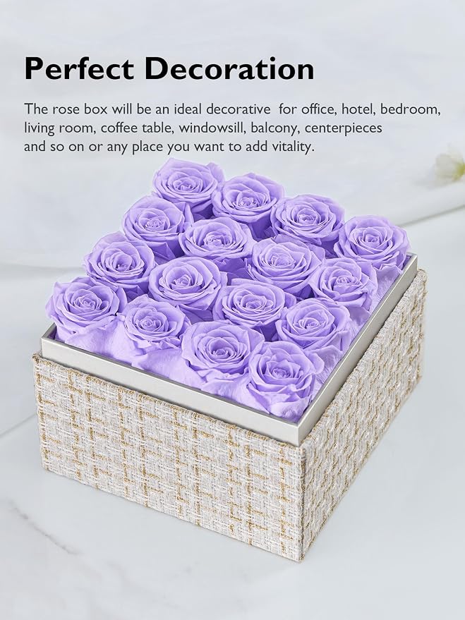 Eterfield Forever Flowers Preserved Roses Real Roses that Last Over a Year Rose Box Gifts for Her Mothers Day Valentines Day Christmas (Square Gold White Plaid Box, 16 Light Purple Roses)