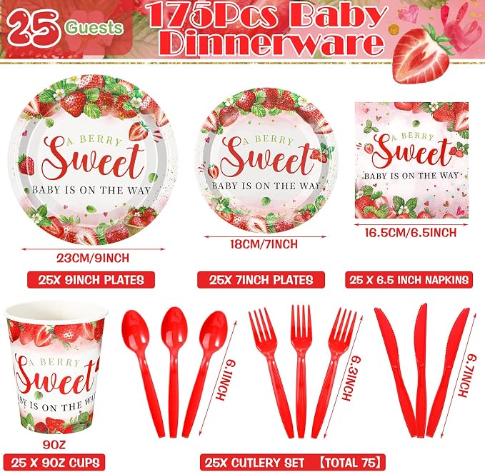 Sliner 175 Pcs Strawberry Baby Shower Paper Plates Napkins Cups Gender Reveal Party Supplies Tableware Set a Berry Sweet Baby Is on the Way Disposable Plates for 25 Guest Girls Summer Party Decoration