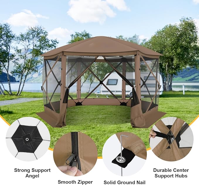 COBIZI 12x12 FT Pop Up Canopy Extendable Tent, Gazebos On Clearance with Removable Roof, Screened in Gazebo with sidewalls, Screen Tents Portable carpas para Patio for Outdoor Camping,Backyard,Brown