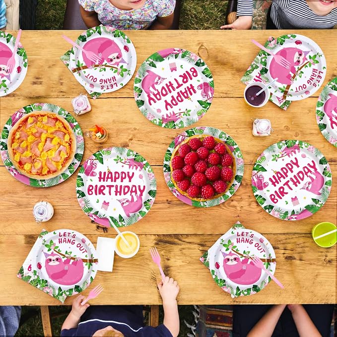 96Pcs Sloth Animal Birthday Party Supplies Hanging Pink Sloth Plates and Napkins Jungle Cute Animal Theme Tableware Set for Kids Girls Animal Theme Birthday Party Supplies，Serves 24
