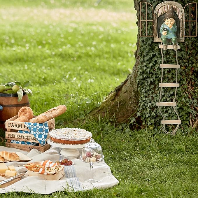 Thyle 4 Pieces Garden Gnomes Outdoor Tree Hugger Gnome Fairy Statue Elf Out the Door Resin Figurine Hanging Ladder Decoration Tree Faces Decor Outdoor for Patio Yard Lawn(Rustic Style)