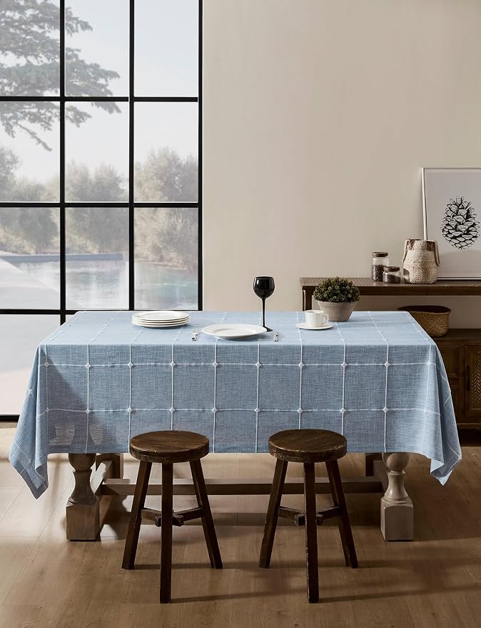 ZeeMart Grid Embroidered Hemmed Tablecloths, Blue 60x60 Inch, Farmhouse Style Heavy Weight Cotton Linen Dusty Blue Tablecloths, Boho Plaid Water Resistant Square Table Cloth