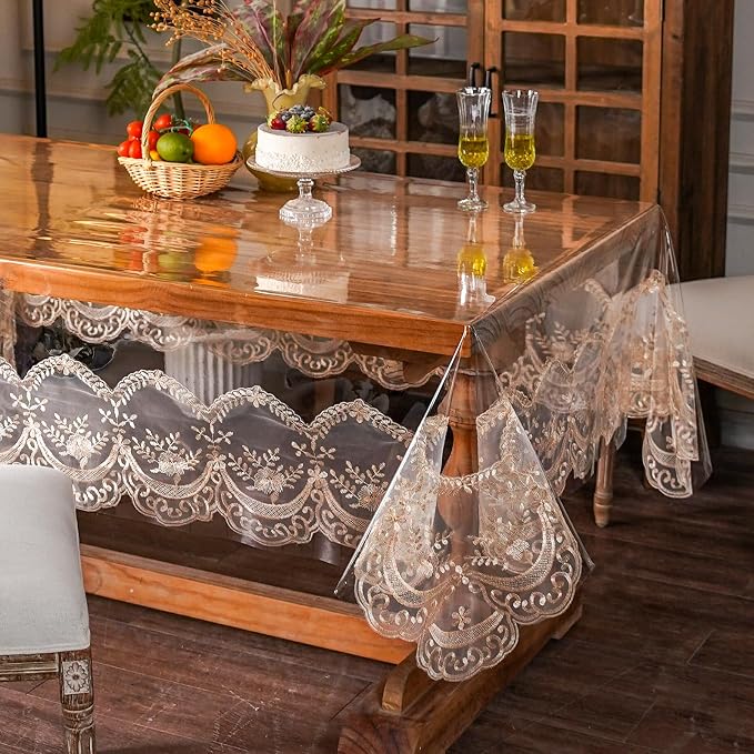 ARTABLE Vinyl PVC Rectangle Tablecloth Waterproof Clear Table Cover with Champagne Lace Macrame Border for Wedding Kitchen Home Outdoor Indoor Holidays Party Decor (Champagne-1, 52 x 70 Inch)