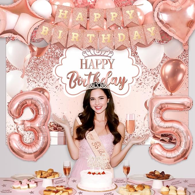 35th Birthday Decorations for Women, 52pcs Sweet Rose Gold Happy 35 Birthday Decorations Including 35th Rose Gold Crown, Sash, Banner, Background for 35 Party Decorations Set