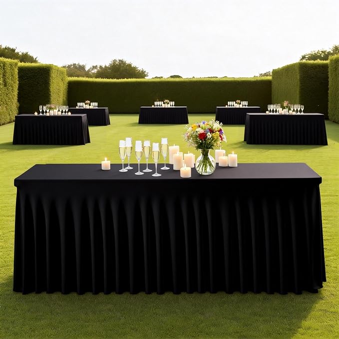 WJWHQ 5 Pack Black Spandex Tablecloths, Stretch Fitted 6ft Table Cover (120 Inch) with Skirt, Wrinkle Free for Weddings, Parties, Banquets, Dining Fits 6 Foot Rectangle Tables