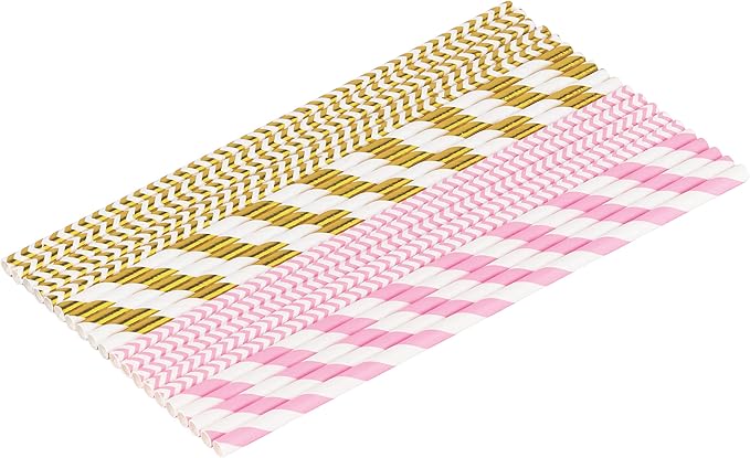 Paper Straws 200 Pack Biodegradable Gold and Pink Striped Design 8.25" Straw for Everyday/Birthday Party/Baby Shower/Wedding/Anniversary and Parties, Long Lasting by DuraHome(200 Pack, Gold & Pink)
