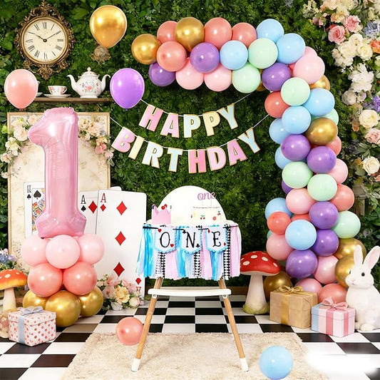 Wonederland Fairy First 1st Birthday Party Decorations One High Chair Banner for Girl Fairy Tale Tea Party Decorations with 60PCS Pastel Balloons, Number 1 Balloon, Cake Topper, Hat & Banner