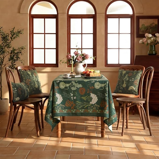 ISAENNE Designer Linen Green Rectangular Tablecloth,79"x55"-Nocturne | Vintage Elegant Table Cloth Rectangle Table,Floral Pattern,Decoration,Heavyweight,Dining,Kitchen,Tea Party,Thanksgiving