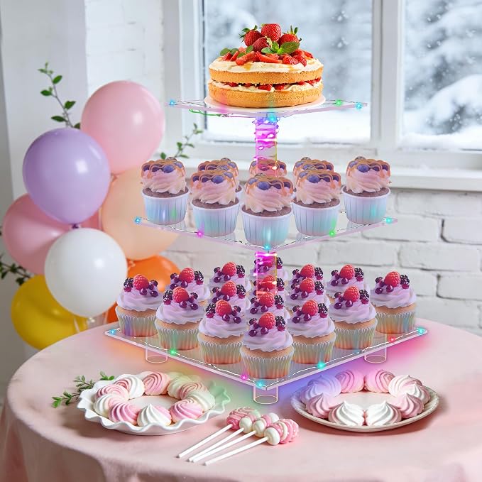 YestBuy 3 Tier Cupcake Stand - Premium Cupcake Holder - Acrylic Cupcake Tower Display - Acrylic Display for Pastry + LED Light String - Ideal for Weddings, Birthday Parties(Multicolored)