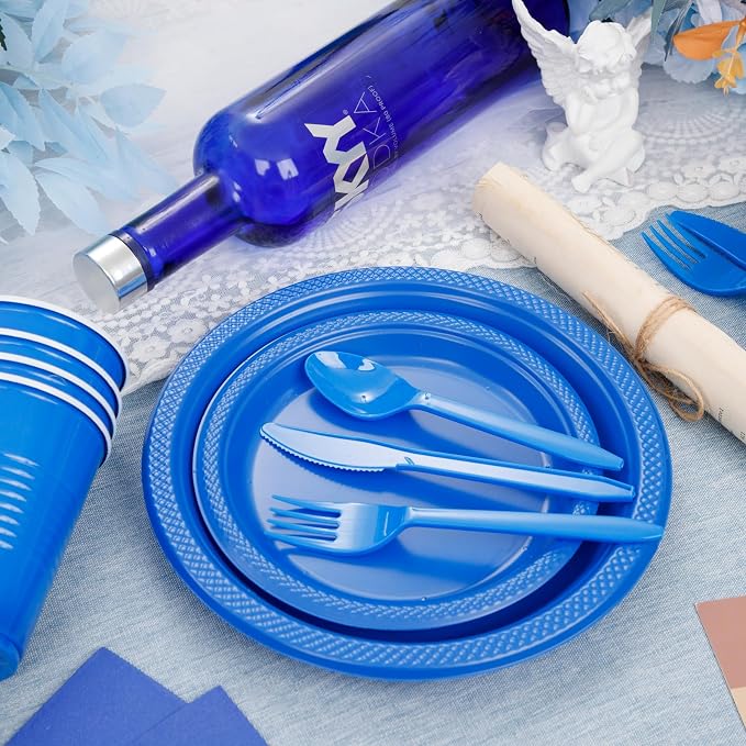 MirthMood 350 Pieces Blue Party Supplies, Disposable Dinnerware Set, Including Blue Plastic Plates and Napkins, Plastic Cutlery and 12OZ Cups,Serve 50 Guests for Party & Birthday