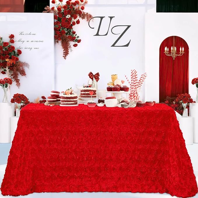 B-COOL Red Rosette Tablecloth 3D Red Floral Satin Tablecloths 90x156 Inch Brithday Holiday Party Decorations Wedding Party Linens