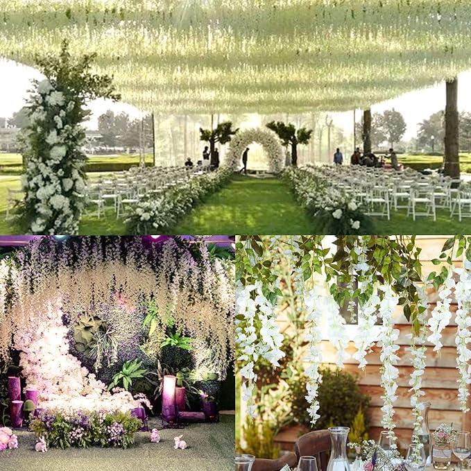 48 Pack Artificial Wisteria Hanging Flowers Fake Wisteria Flower Silk Vines Rattan Decor for Home Wedding Arch Wall Garden Greenery Bedroom Outdoor Office Party Decoration (White)