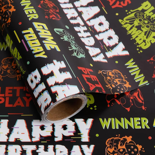 Aimyoo Gaming Birthday Wrapping Paper Roll - 17 Inch X 16.4 Feet - Black Happy Birthday Video Game Pattern Gift Wrap Paper for Boys Party, Baby Shower, Holiday