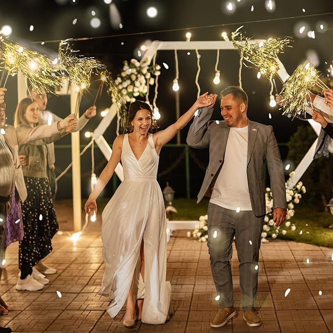 Simgoing 100 Pcs Lighted Wedding Wands LED Tinsel Wands Light up Streamers Sparklers for Wedding Send Off and Exits Birthday Party Props Favors(Gold)