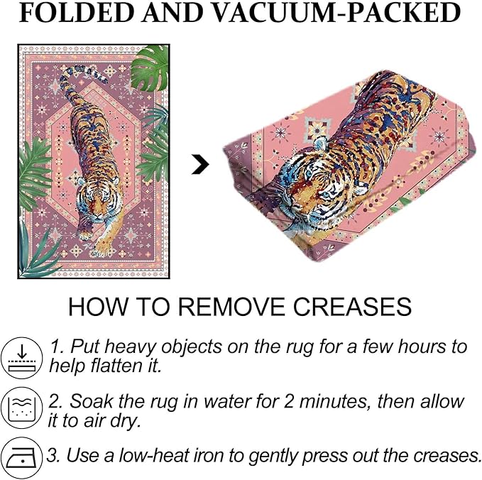 6' x 9' Pink Rug Tiger Floor Mat Bohemian Vintage Tropical Jungle Carpet Modern Indoor Living Dining Room Bedroom Porch Playroom Nursery Doormat Room Decor
