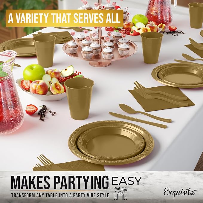 350 Pcs Gold Plastic Plates For Party, Gold Disposable Plates Set, 50 Of Each 9" Dinner Plate Set, 7" Dessert Plate, Cups, Napkins & Cutlery Plastic Dinnerware Set Exquisite