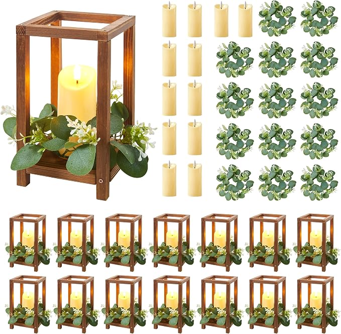 42 Pcs/14 Set Wooden Wedding Lantern Centerpiece,Wooden Centerpieces for Tables-with 14 Holders 14 Candles 14 Wreaths for Rustic Table Decoration Country Barn Wedding Party (Brown)