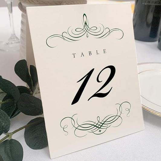 Decadent Flourish Wedding Table Numbers (Select Color/Quantity), Champagne, Hunter Green, 1-90, Double Sided, Tent or Use in a Stand, Great for Parties & Restaurants