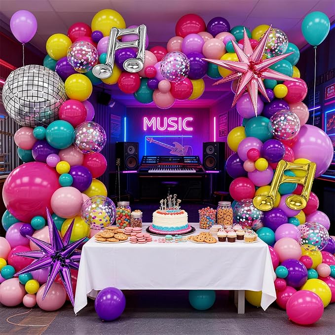 KPOP Music Theme Balloon Garland Arch Kit, 119Pcs Rainbow Colorful Balloon & Retro Disco Ball Musical Note Explosion Star Foil Balloons for K-Pop Party 90s 80s Disco Hip Hop Birthday Decor Supplies