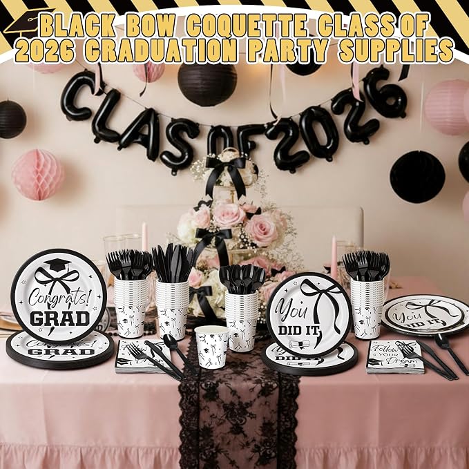 168 Pcs Black Bow 2026 Graduation Party Supplies Black Coquette Congrats Grad Plates and Napkins Class of 2026 Tableware Set Serves 24 Disposable Paper Cups for College Senior High School