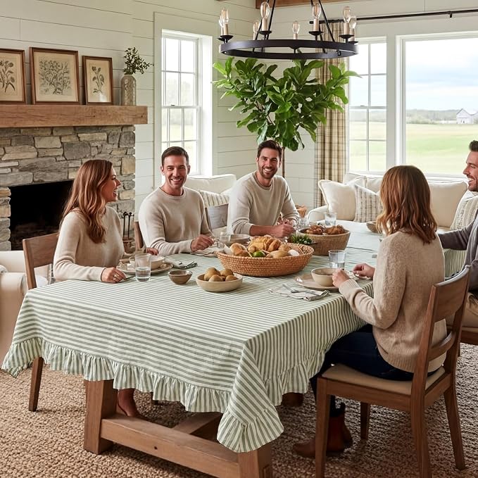 Boao Cotton 52 x 70 Inch Farmhouse Ruffle Tablecloth Sage Green White Striped Flounces Trim Table Cover for Rectangle Table Kitchen Party Wedding Decor