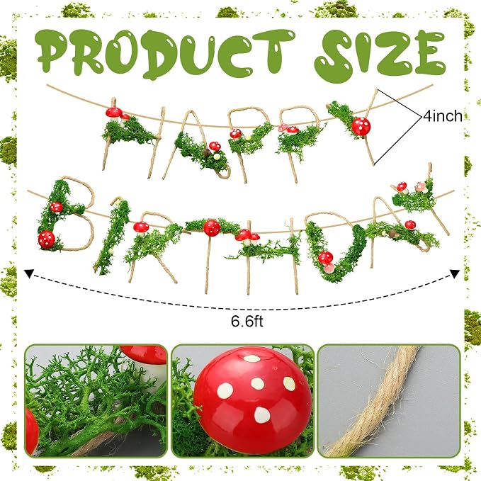 Norme Moss Birthday Party Decorations Banner Mushroom Birthday Decorations Metal 3D Plant Moss Theme Fairy First Birth Decor Sign Garland for 16 21st 30th 40th 50th 60th 70th