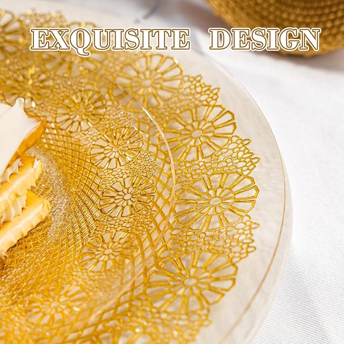 HOMIP 120PCS Clear Gold Plastic Plates with Gold Lace Design, Disposable Retro Plates Include 60PCS 10" Dinner Plate & 60PCS 7" Dessert Plate Perfect for Party Wedding and Holiday