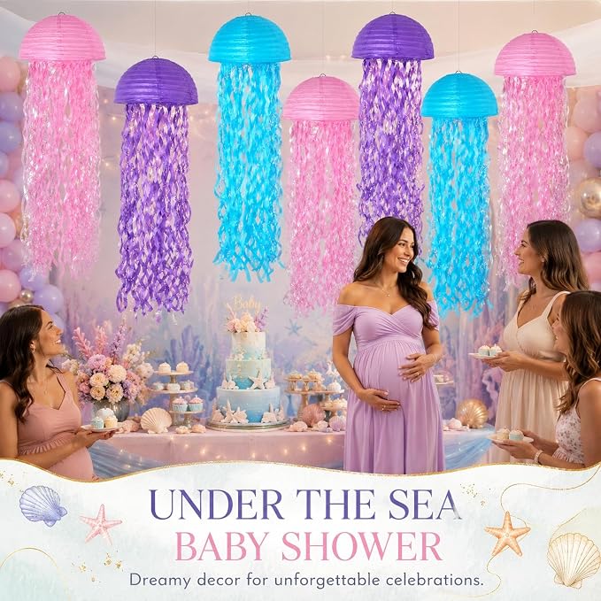 6-Pack Jellyfish Paper Lanterns, Pink Purple Blue Under The Sea Party Decorations, Mermaid Birthday Decorations for Girls, Ocean Themed Baby Shower, Pool & Beach Party Decor