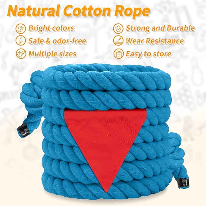 Tug of War Rope for Kids & Adults - 25ft Soft Cotton Outdoor Pulling Rope with Flag for Team Building Activities Field Day Family Reunions Birthday Parties Camping Games- Blue