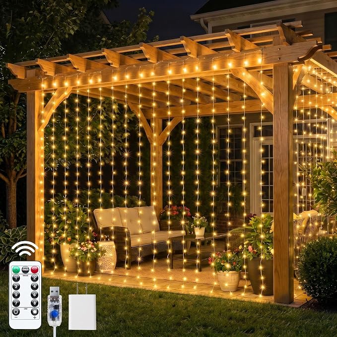 Brightown 300 LED Curtain Lights, 9.8 FT Plug in Fairy Lights for Bedroom, 8 Lighting Modes, Christmas String Lights for Window Wall Wedding Party Birthday Christmas Decorations, Warm White
