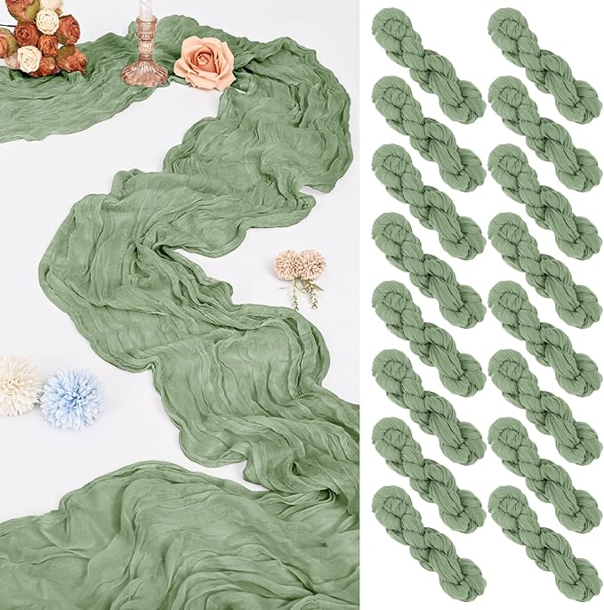 16 Pack 10Ft Cheesecloth Table Runner Sage Green, 20 x 120 Inch Rustic Gauze Boho Cheese Cloth Table Runners Wedding Long Table Runner for Wedding Party Bridal Shower Table Decoration