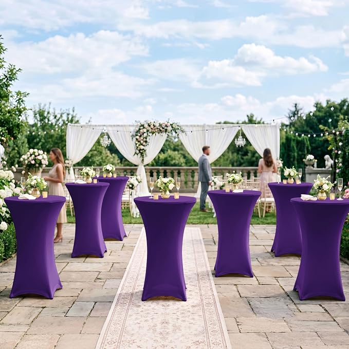Cocktail Table Covers-Spandex Round High Top Table Cloths 6 Pack 32x43 Inch-Dark Purple Stretch Fitted Bar Tall Tablecloth for Pub Bistro Highboy Party Event Banquet Height Satnding Tables