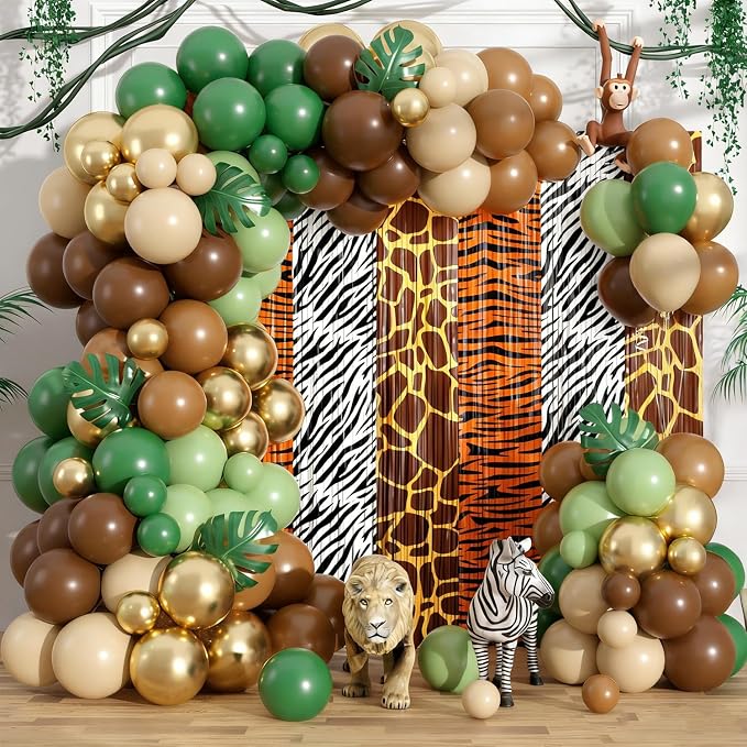 Jungle Safari Balloon Arch Garland Kit Birthday Party Decorations, Animal Foil Fringe Curtains Backdrop Tinsel Streamers Banner Tropical Palm Leaves for Safari Themed Wild Party Decor Supplies Favors