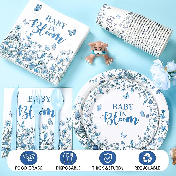 Yungyan 252 Pcs Baby in Bloom Blue Floral Baby Shower Party Tableware Set Included Plates Napkins Cups Forks Knives Cutlery for Party Decorations Supplies 36 Guests