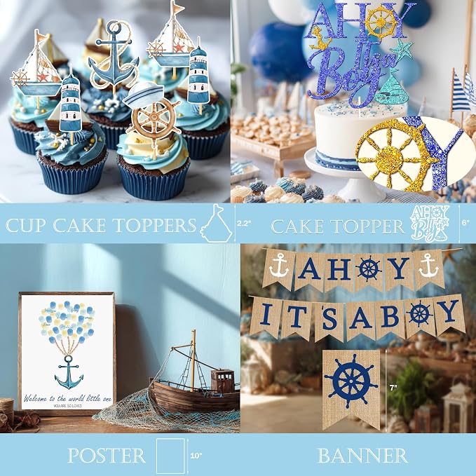 Party Inspo Ahoy It’s a Boy Baby Shower Decorations for Boy – 133 PCs Nautical Theme Party Supplies with Backdrop, Balloon Garland, Banner, Tablecloth, Poster, Cake Topper, Sash and Badges