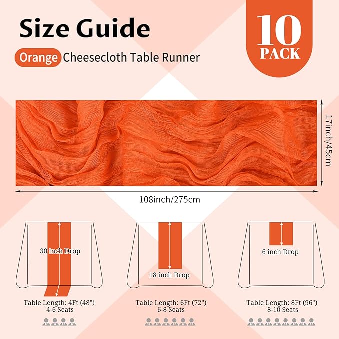10 Pack Orange Cheesecloth Table Runner 17x108 Inch Semi Sheer Boho Gauze Cheese Cloth Table Runners, for Wedding Bridal Shower Birthday Party Home Decor Garden Farmhouse