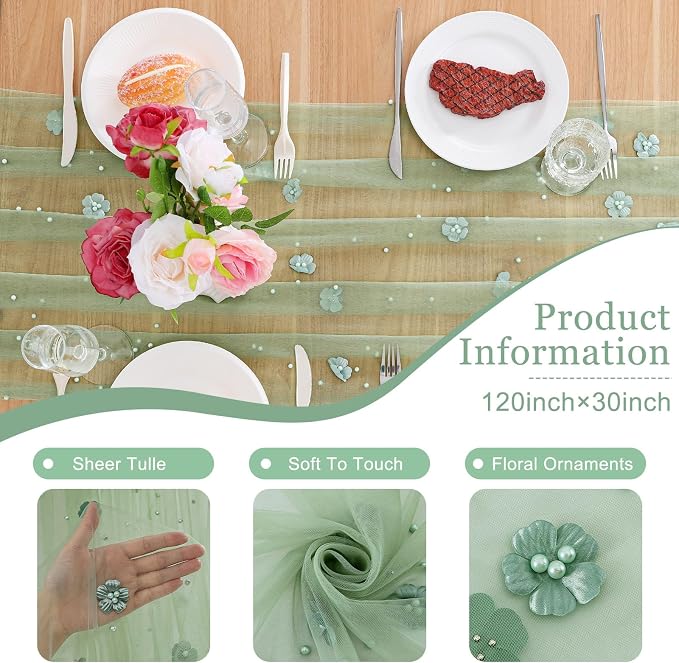 BINBE Flower Pearl Table Runner Spring Summer Rustic Boho 10ft Tulle Table Runner for Baby Shower Wedding Veil Holiday Dessert Table Decor Green