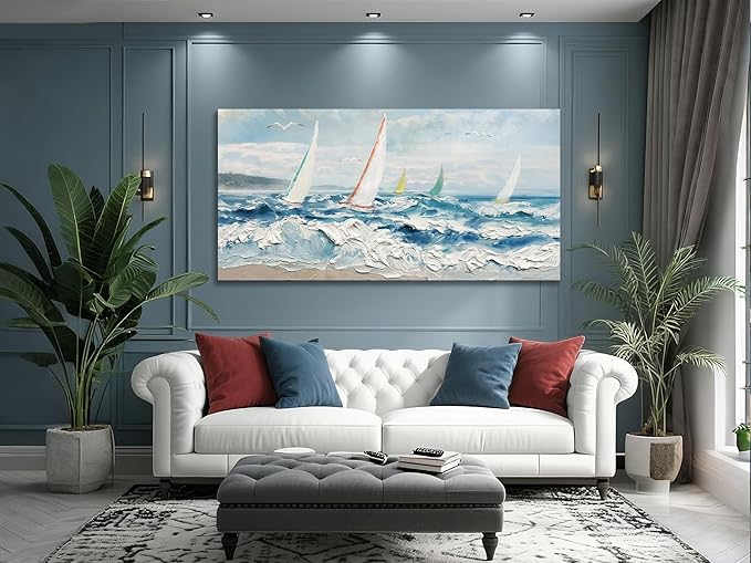Enartly Wave 3D Textured Ocean Wall Art for Living Room Blue Seascape Sailboat Canvas Coastal Painting Artwork for Bedroom Bathroom Home Office Wall Decor, Large 48"x24"