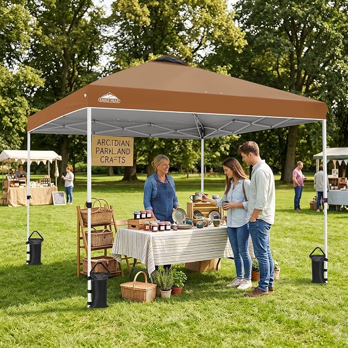 EAGLE PEAK Pop Up Canopy Tent with Wheeled Carry Bag, 8 Stakes, 4 Ropes, 4 Weight Bags, Easy Set Up Tent Canopy, 10x10 ft, 100sqft of Shade, Khaki