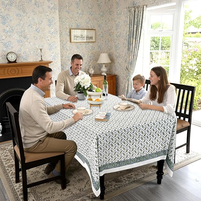 Ridhi Lattice Bloom Blue Hand Block Print Cotton Rectangle Tablecloth 90" x 60" inches Reusable Table Cover Decorative Everyday Use for Dining Room, Farmhouse, Home Gift for Spring, Mother's Day
