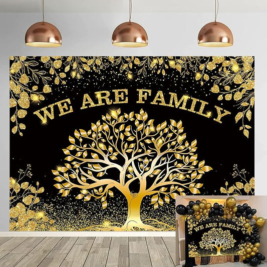 Family Reunion Backdrop Black Gold We are Family Photography Background Family Tree Banner for Welcome Home Member Gathering Party Decorations Supplies Photo Props (94X70 inch (8x6FT))